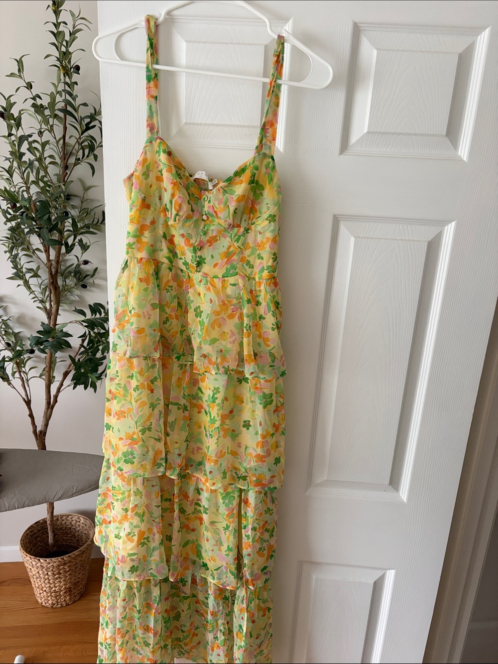 Astr Yellow Floral Tiered Maxi Dress with Multicolor Print
